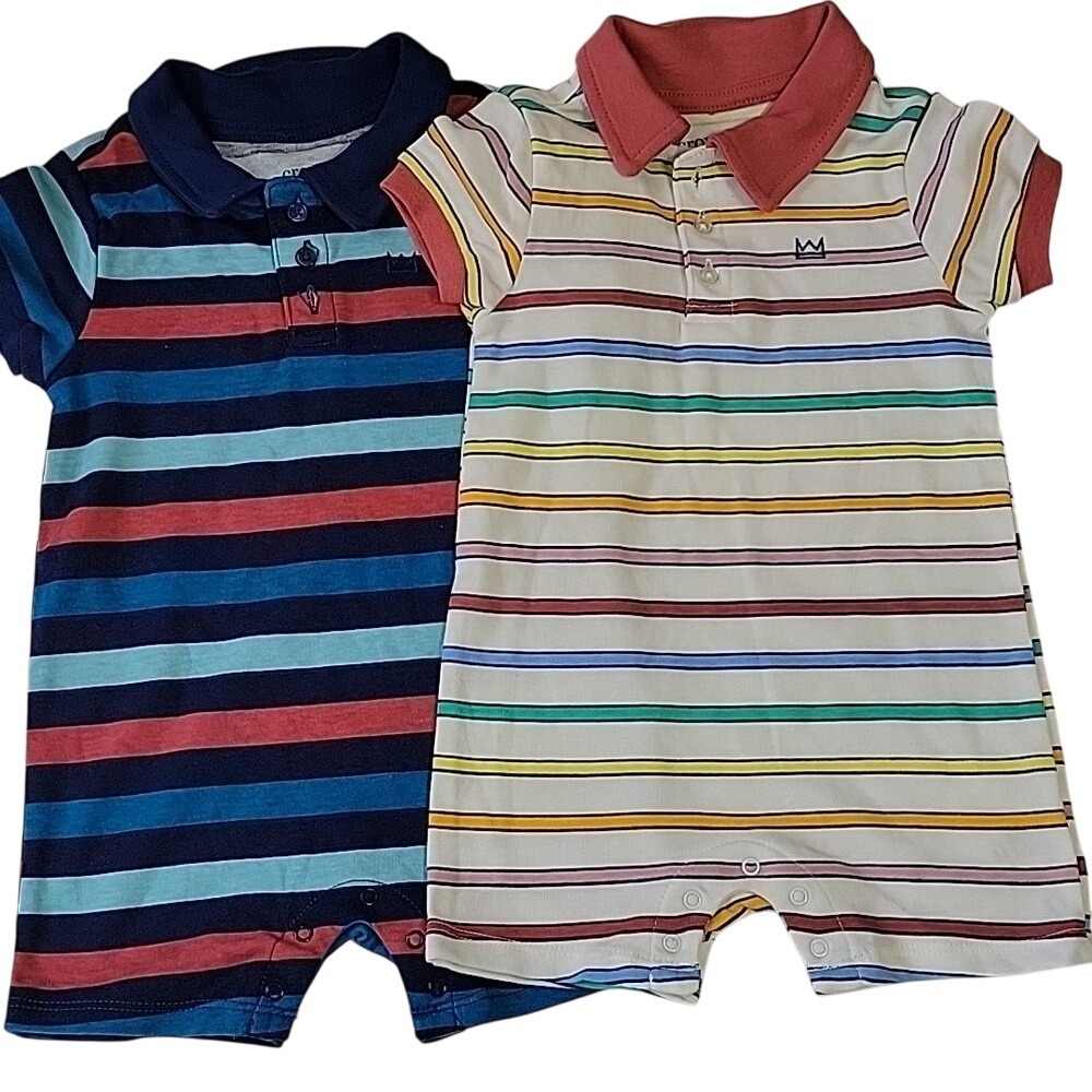 Crown & Ivy Baby Boys 12M Striped Polo Romper 2-Pack Blue Rose TCBM065‎ NEW